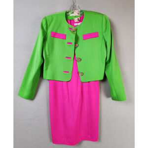 Andrea Behar Green Jacket Size 4 & Pink Dress Size 2 Set Ornate Buttons 80s